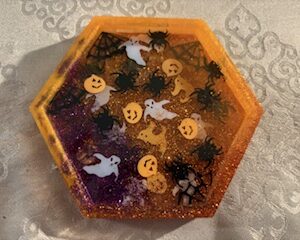 Handmade Halloween Resin Coaster | Spooky Ghosts, Pumpkins & Glitter | Hexagon Drink Coaster