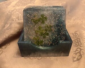 Handmade Resin Clover Coaster Set with Holder | Square Epoxy Drink Coasters | Nature-Inspired Table Décor